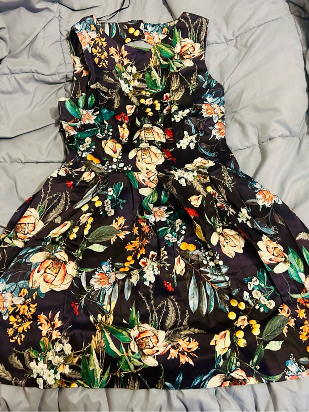 Floral Fit-and-Flare Dress in Dark Blue with Multicolor Bouquet